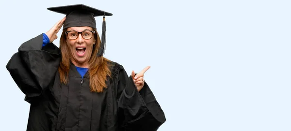 Senior Graduate Student Woman Pointing Away Side Finger Isolated Blue — Stock Photo, Image