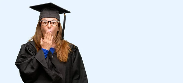 Senior Graduate Student Woman Covers Mouth Shock Looks Shy Expressing — Stock Photo, Image