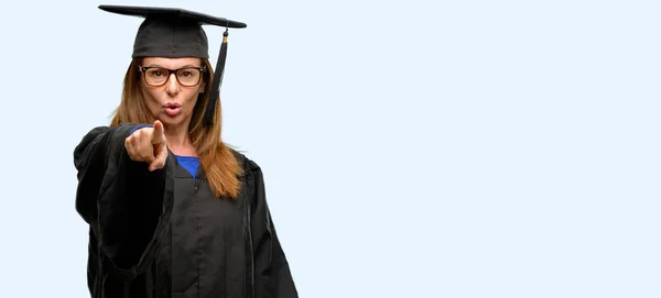 Senior Graduate Student Woman Pointing Front Finger Isolated Blue Background — Stock Photo, Image