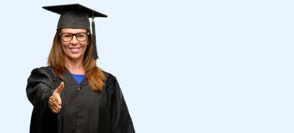 Senior Graduate Student Woman Holds Hands Welcoming Handshake Pose Expressing — Stock Photo, Image