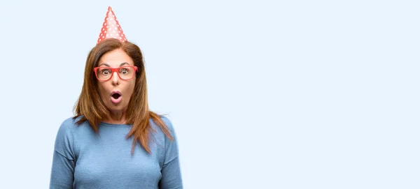 Middle Age Woman Celebrates Birthday Scared Shock Expressing Panic Fear — Stock Photo, Image