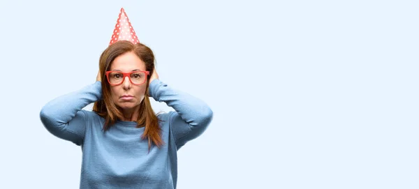 Middle Age Woman Celebrates Birthday Covering Ears Ignoring Annoying Loud — Stock Photo, Image