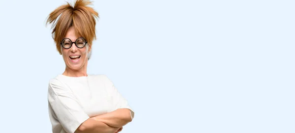 Crazy Middle Age Woman Wearing Silly Glasses Crossed Arms Confident — Stock Photo, Image