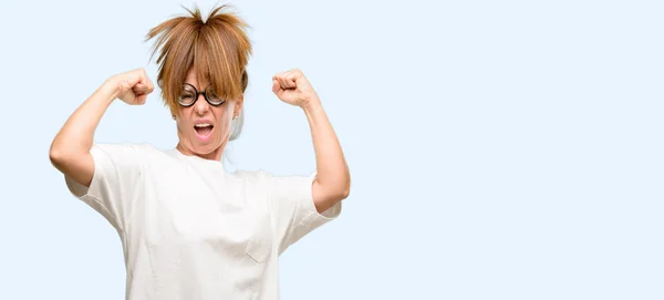 Crazy Middle Age Woman Wearing Silly Glasses Happy Excited Celebrating — Stock Photo, Image