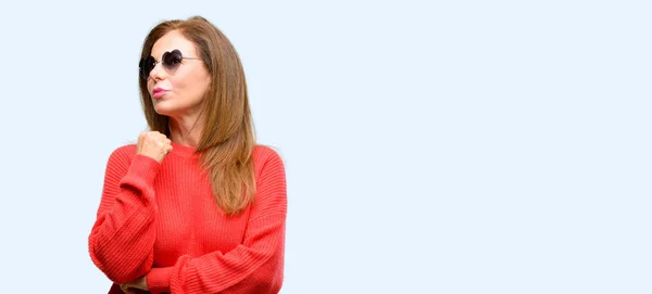 Middle Age Woman Wearing Heart Sunglasses Thinking Looking Expressing Doubt — Stock Photo, Image