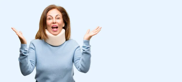 Injured Woman Wearing Neck Brace Collar Happy Surprised Cheering Expressing — Stock Photo, Image