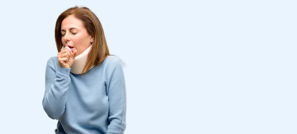 Injured Woman Wearing Neck Brace Collar Sick Coughing Suffering Asthma — Stock Photo, Image