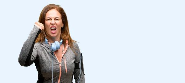 Middle Age Gym Fit Woman Workout Headphones Irritated Angry Expressing — Stock Photo, Image