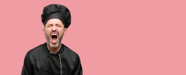 Kıdemli bıkkın ve hayal kırıklığına uğramış bağıran adam, aşçı şapkası stresli, panik, korku içinde yemek. Hoş bir jest. İş sataşmak beni çıldırtıyor