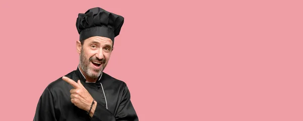 Senior Cook Man Wearing Chef Hat Pointing Away Side Finger — Stock Photo, Image