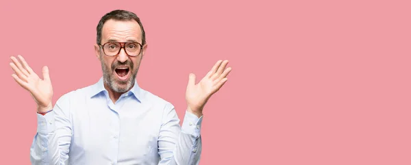 Middle Age Man Glasses Happy Surprised Cheering Expressing Wow Gesture — Stock Photo, Image