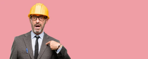 Senior Architect Engineer Happy Surprised Cheering Expressing Wow Gesture Pointing — Stock Photo, Image