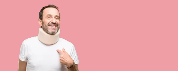 Injured Senior Man Using Neck Brace Happy Surprised Cheering Expressing — Stock Photo, Image