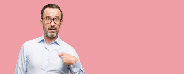 Middle Age Man Glasses Happy Surprised Cheering Expressing Wow Gesture — Stock Photo, Image