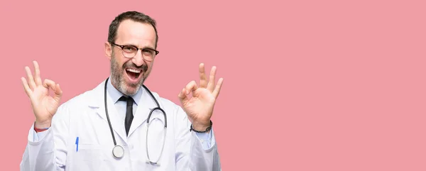 Doctor Senior Man Medical Professional Doing Sign Gesture Both Hands — Stock Photo, Image
