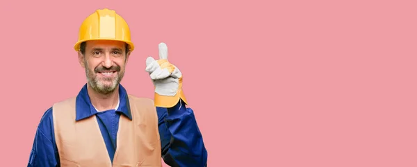 Senior Engineer Man Construction Worker Raising Finger Number One — Stock Photo, Image