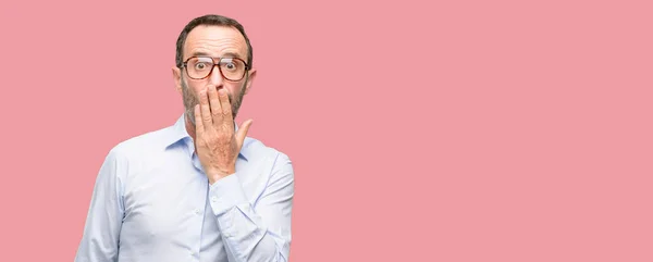 Middle Age Man Glasses Covers Mouth Shock Looks Shy Expressing — Stock Photo, Image