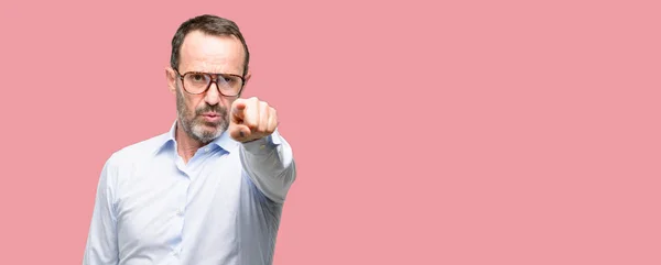 Middle Age Man Glasses Pointing Front Finger — Stock Photo, Image