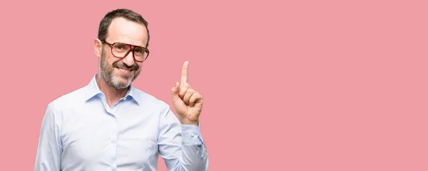 Middle Age Man Glasses Pointing Away Side Finger — Stock Photo, Image