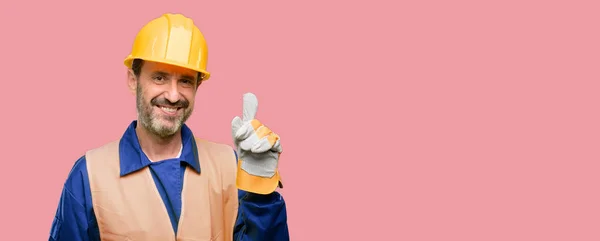 Senior Engineer Man Construction Worker Pointing Away Side Finger — Stock Photo, Image