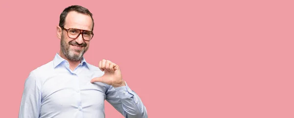 Middle Age Man Glasses Proud Excited Arrogant Pointing Victory Face — Stock Photo, Image