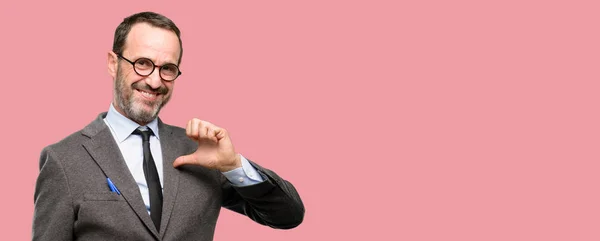 Teacher Man Using Glasses Proud Excited Arrogant Pointing Victory Face — Stock Photo, Image