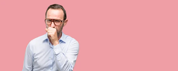Middle Age Man Glasses Sick Coughing Suffering Asthma Bronchitis Medicine — Stock Photo, Image