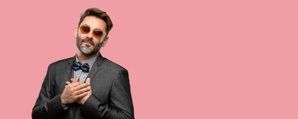 Middle Age Man Beard Bow Tie Hands Heart Expressing Love — Stock Photo, Image