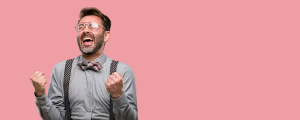 Middle Age Man Beard Bow Tie Happy Excited Expressing Winning — Stock Photo, Image