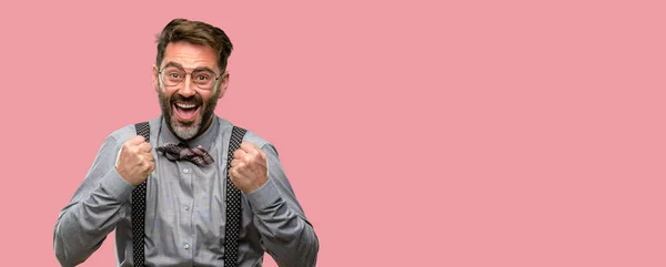 Middle Age Man Beard Bow Tie Happy Excited Expressing Winning — Stock Photo, Image