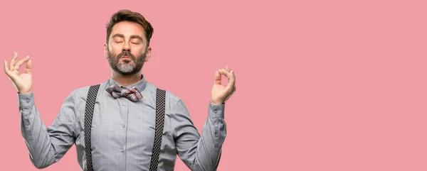 Middle Age Man Beard Bow Tie Doing Sign Gesture Both — Stock Photo, Image