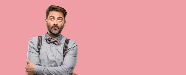 Middle Age Man Beard Bow Tie Doubt Expression Confuse Wonder — Stock Photo, Image