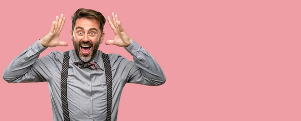 Middle Age Man Beard Bow Tie Happy Surprised Cheering Expressing — Stock Photo, Image