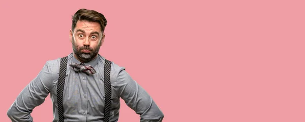 Middle Age Man Beard Bow Tie Puffing Out Cheeks Having — Stock Photo, Image