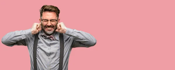 Middle Age Man Beard Bow Tie Covering Ears Ignoring Annoying — Stock Photo, Image
