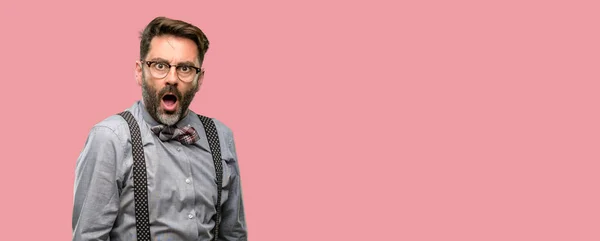 Middle Age Man Beard Bow Tie Scared Surprised Cheering Expressing — Stock Photo, Image