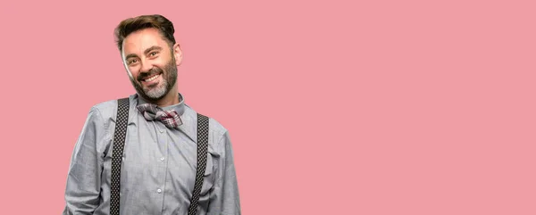 Middle Age Man Beard Bow Tie Confident Happy Big Natural — Stock Photo, Image