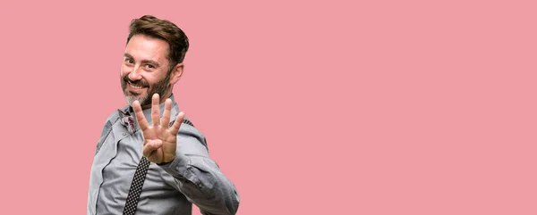 Middle Age Man Beard Bow Tie Raising Finger Number Four — Stock Photo, Image