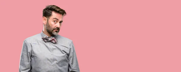 Middle Age Man Beard Bow Tie Having Skeptical Dissatisfied Look — Stock Photo, Image