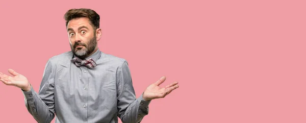 Middle Age Man Beard Bow Tie Doubt Expression Confuse Wonder — Stock Photo, Image