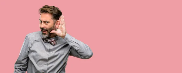 Middle Age Man Beard Bow Tie Holding Hand Ear Trying — Stock Photo, Image