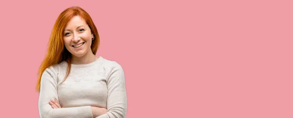 Beautiful Young Redhead Woman Crossed Arms Confident Happy Big Natural — Stock Photo, Image