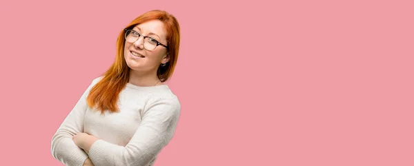 Beautiful Young Redhead Woman Crossed Arms Confident Happy Big Natural — Stock Photo, Image