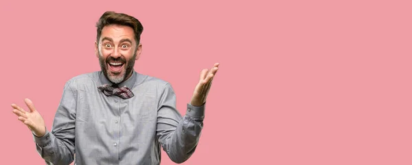 Middle Age Man Beard Bow Tie Confident Happy Big Natural — Stock Photo, Image