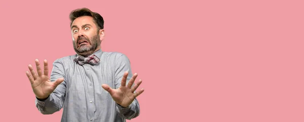 Middle Age Man Beard Bow Tie Disgusted Angry Keeping Hands — Stock Photo, Image