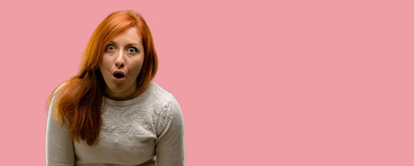 Beautiful Young Redhead Woman Scared Shock Expressing Panic Fear — Stock Photo, Image
