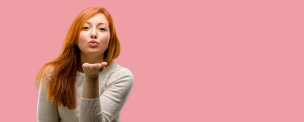 Beautiful Young Redhead Woman Expressing Love Blows Kiss Camera Flirting — Stock Photo, Image