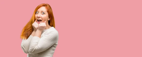 Beautiful Young Redhead Woman Happy Surprised Cheering Expressing Wow Gesture — Stock Photo, Image