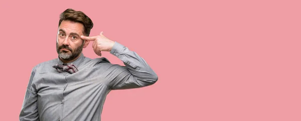 Middle Age Man Beard Bow Tie Unhappy Making Suicide Gesture — Stock Photo, Image