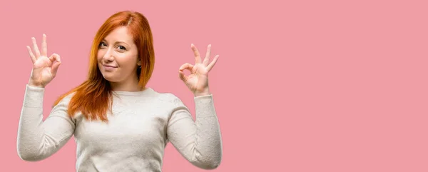 Beautiful Young Redhead Woman Doing Sign Gesture Both Hands Expressing — Stock Photo, Image